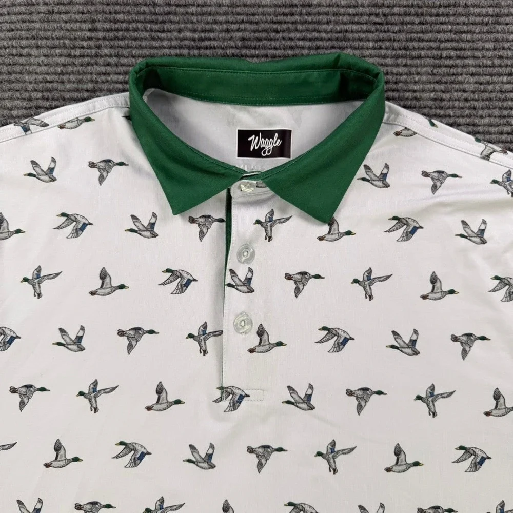 Waggle Golf Polo Shirt Men XL White Mallard Duck Print Green Collar Short Sleeve - Picture 4 of 12